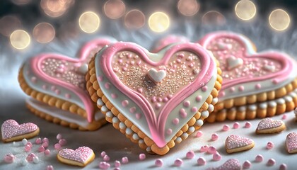 Walentynkowe ciasteczka w kształcie serc pokryte różowym lukrem - obrazy, fototapety, plakaty