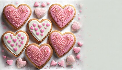 Ciastka w kształcie serc pokryte różowym lukrem. Walentynkowe tło z miejscem na tekst - obrazy, fototapety, plakaty
