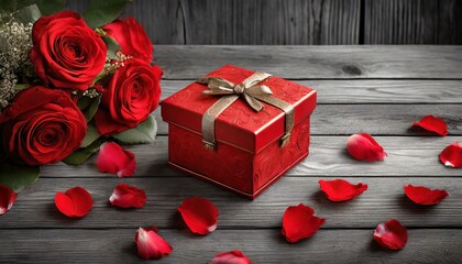 Bukiet czerwonych róż i prezent zapakowany w czerwone pudełko na szarych deskach. Motyw walentynek, randki, rocznicy - obrazy, fototapety, plakaty