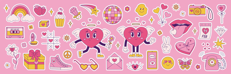 Retro groovy big set for Valentines Day. Hippie love sticker, funny characters in shape of heart, trend 60s 70s. Vector cartoon trendy illustration