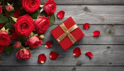 Bukiet czerwonych róż i prezent zapakowany w czerwone pudełko na szarych deskach. Motyw walentynek, randki, rocznicy - obrazy, fototapety, plakaty