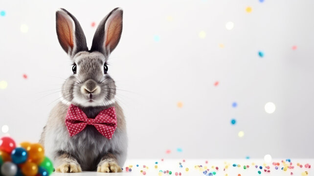 Gray Easter bunny with red bow tie sitting against confetti festive white background