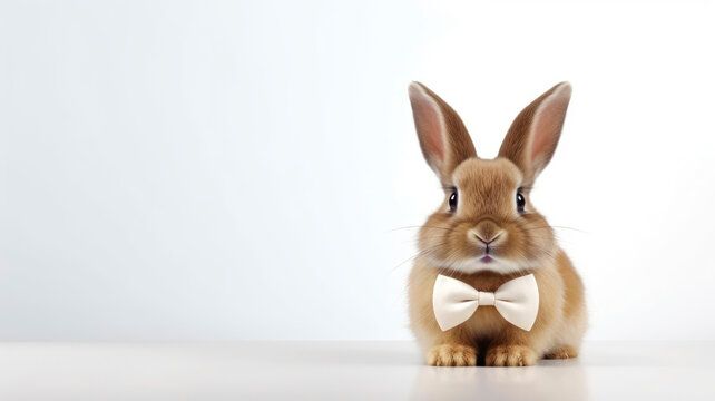 Golden brown Easter bunny with white bow tie on gray white background