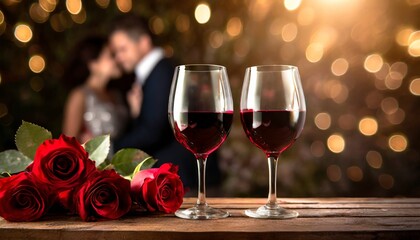 Czerwone wino i czerwone róże na drewnianym stole. W tle obejmująca się para. Motyw walentynek, ślubu, rocznicy