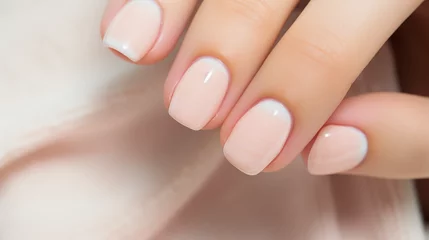 Foto auf Acrylglas Pantone 2024 Peach Fuzz Beautiful peach fuzz color manicure. Close up. Women's nail art in peach shades. Aspect ratio 16:9 