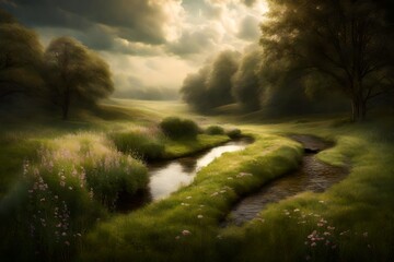 A peaceful meadow with a meandering stream, bathed in the soft light of a cloudy day.