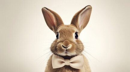 Fototapeta premium Golden Easter bunny with beige bow tie on cream sepia background