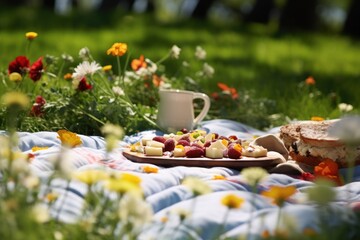  a plate of food sitting on top of a blanket next to a cup of coffee and a plate of food.