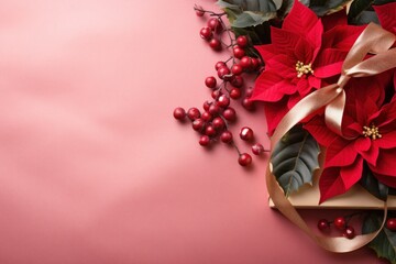  a pink background with poinsettis, holly, and a gold ribbon on top of a pink surface.