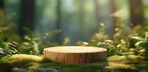 a small wooden platform sits on top of the greens in front of a forest