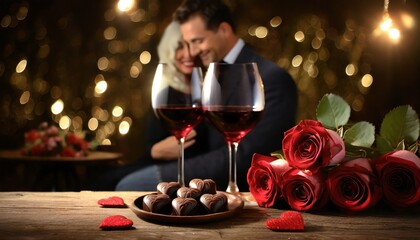 Czerwone róże, kieliszki z czerwonym winem i czekoladki w kształcie serc na drewnianym stole. W tle widać obejmującą się parę. Walentynkowe tło - obrazy, fototapety, plakaty