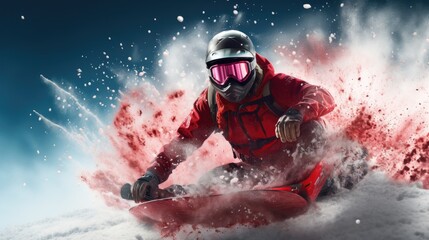 a snowboarder jumping around the snow covered mountains