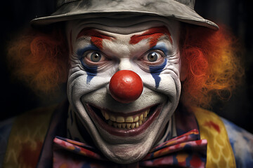 A sinister clown, the joker, wears a menacing smile, laughter in his eyes, and a red nose, adding a chilling twist to the circus spectacle, stock illustration image - obrazy, fototapety, plakaty