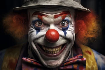 Foto op Aluminium A sinister clown, the joker, wears a menacing smile, laughter in his eyes, and a red nose, adding a chilling twist to the circus spectacle, stock illustration image © Tony Baggett