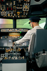 Airplane pilot controls throttle during flight or takeoff Cockpit view of air traffic control