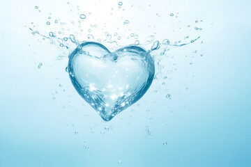 Heart made of water and water splashes on a light blue background