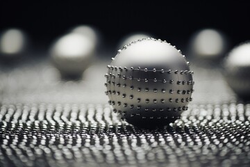  a black and white photo of a ball on a table with other balls in the background and a black and white photo of a ball in the foreground.