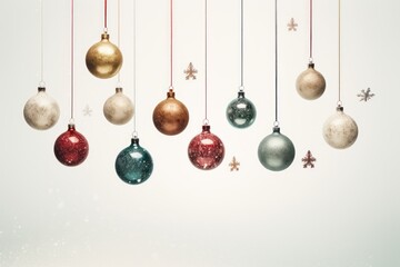  a group of christmas ornaments hanging from a line of red, white, green and gold christmas baubles.