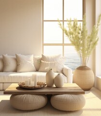 Fototapeta na wymiar a white sofa and two pillows on a wicker ottoman