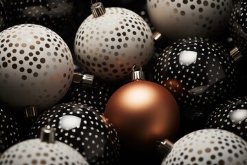  a pile of black and white polka dot ornament balls with a red ornament in the middle.