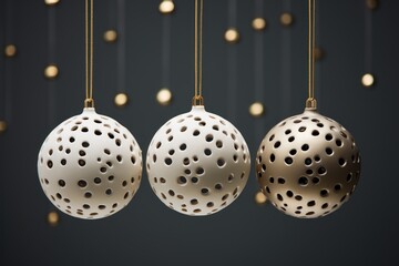  three christmas balls hanging from a string with gold and white decorations hanging from the ceiling in front of a dark background.
