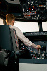 Airplane pilot controls throttle during flight or takeoff Cockpit view of air traffic control
