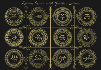 Twelve round icons, gold seals, emblems with zodiac signs on a black background. Vector set - obrazy, fototapety, plakaty