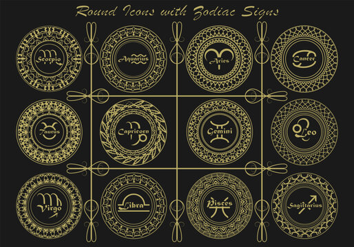 Twelve round icons, gold seals, emblems with zodiac signs on a black background. Vector set