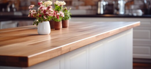 Fototapeta na wymiar a wooden counter in a white kitchen