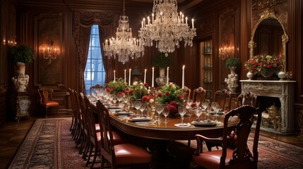 Fototapeta na wymiar An opulent dining room with a long mahogany table, upholstered chairs, and fine china