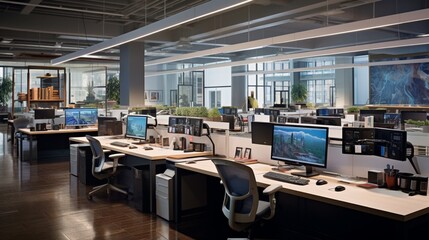 Cubicles arranged in an open-plan layout, each desk adorned with dual monitors and organized stationery
