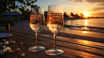 Two Champagne Glasses Ready for New Year's on the Beach: A Description of a Scene Depicting Two Elegant Champagne Glasses Positioned on the Sandy Shoreline