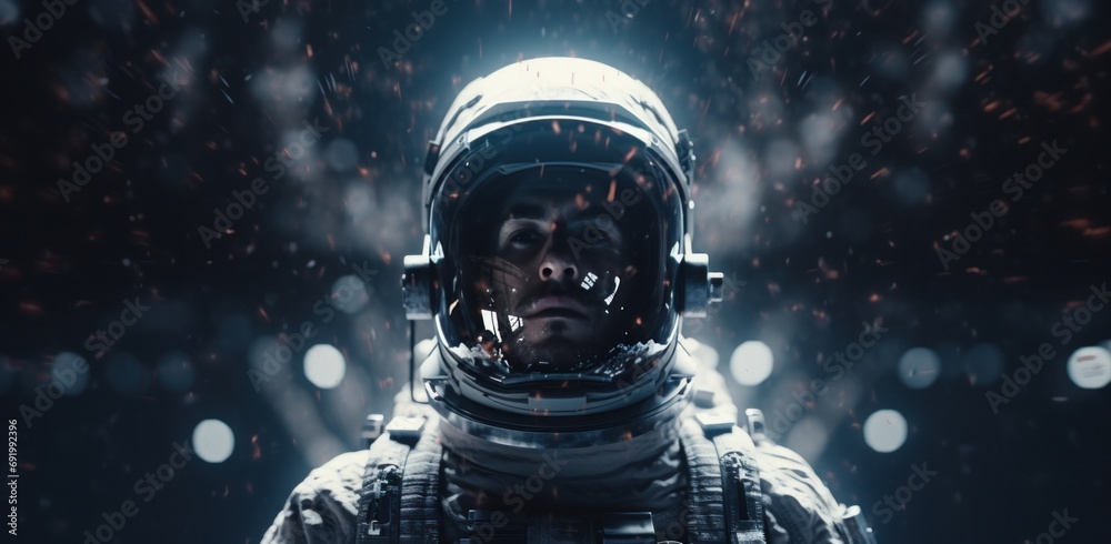 Poster an astronaut is shown in his spacesuit with space on the background
