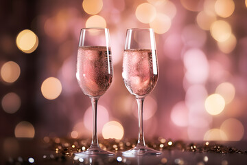 Close-up of pink champagne glasses for a Valentine's Day celebration with a bokeh lights background,