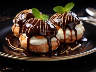  three desserts on a plate with chocolate drizzle and a mint sprig on top of them.
