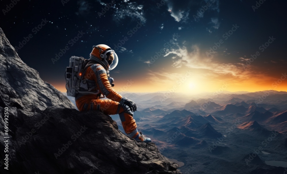 Sticker an astronaut is shown in his spacesuit with space on the background
