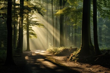  a dirt road in the middle of a forest with sunlight streaming through the trees on either side of the road.