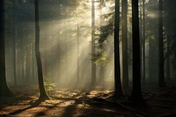  a forest filled with lots of tall trees covered in sun shining through the canopy of a forest filled with lots of tall trees. - obrazy, fototapety, plakaty