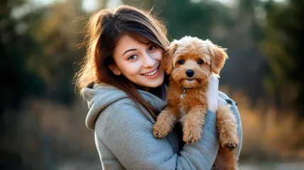 Foto op Canvas A Woman Holding a Dog in Her Arms © MYDAYcontent
