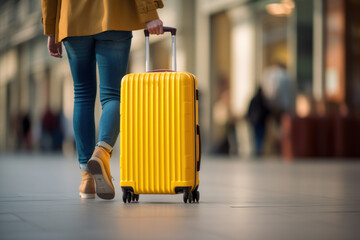  a woman walking down a street with a yellow piece of luggage in her hand and a yellow purse on the other side of her.