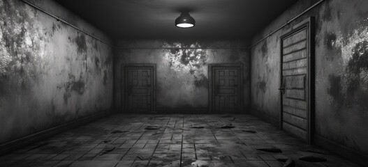 an empty prison cell with lights on it in a hallway