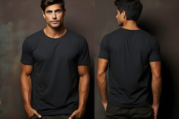 Male model in black t-shirt with space for your logo or design ai generated art - obrazy, fototapety, plakaty