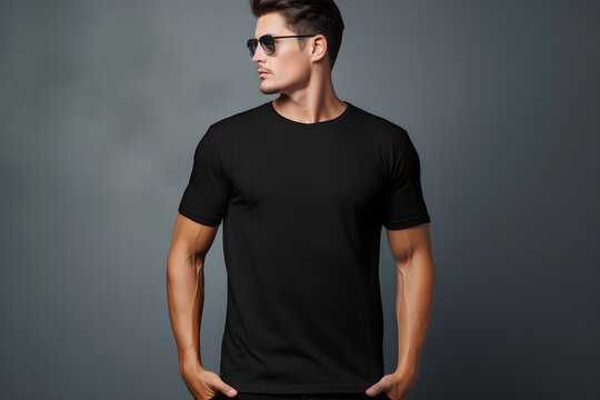 Young handsome man in black t-shirt and sunglasses on grey background ai generated art