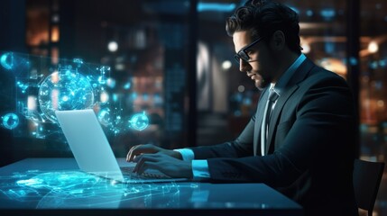 Man working on computer. Bussines man working with AI holograms connected with device,
