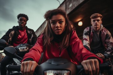 Teenager is having fun on a scooter. teenagers on mopeds. portret. motorcycles with young people, guy and girl friends - obrazy, fototapety, plakaty