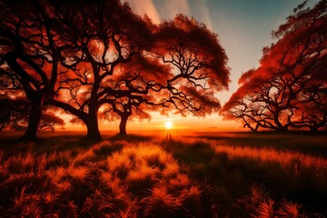 The beauty of nature captured in a field of trees under a stunning, vibrant sunset sky