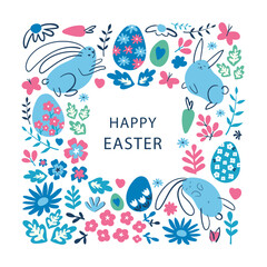 Easter holiday frame. Easter decoration with flowers, eggs and rabbits. Multicolored light hand drawn line art