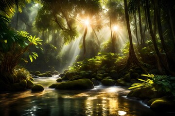 Sunlight filtering through dense trees onto a tranquil stream in a tropical paradise.