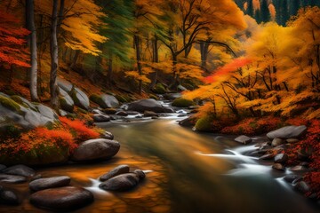A serene river winding through a colorful autumn forest with smooth rocks along the bank