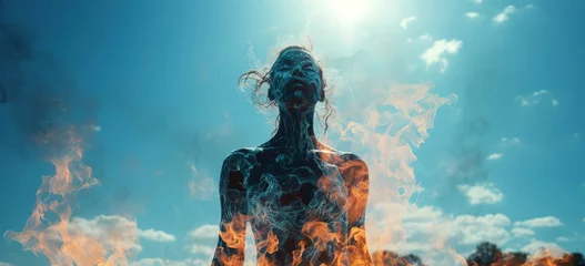 Wandcirkels tuinposter Fire and Ice: a surreal image of a head engulfed in flames and submerged in water © Яна Деменишина